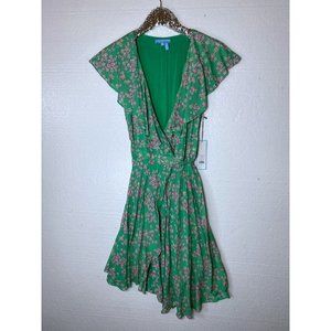 Draper James RSVP New Womens Size XS Green Pink Floral Wrap Dress Flutter Sleeve